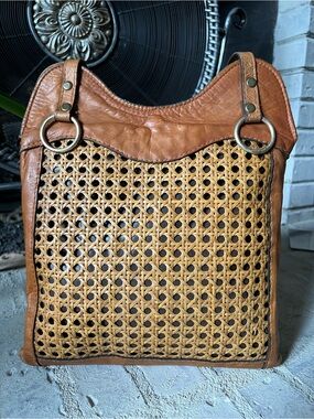 Vintage 1970s Mister Ernest Tan Leather and Cane Webbing O Ring Shoulder Bag